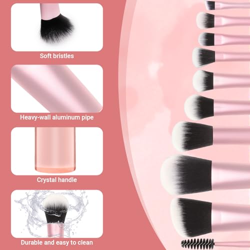 10 Pcs Mini Travel Makeup Brush Set with Pouch, Foundation, Eyeshadow, Blush, Highlighter, Angled Brow & Mascara Brushes - Soft Synthetic Fiber Brushes for On-The-Go & Daily Makeup (Pink) - color: Pink
