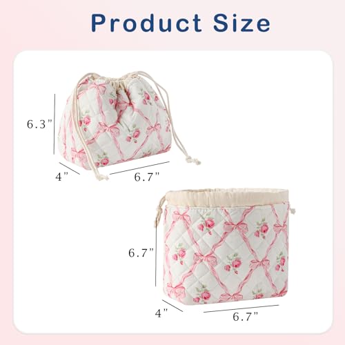 uekeboag Cotton Quilted Drawstring Makeup Bag with Canvas Lining,Coquette Aesthetic Cute Travel Toiletry Bag,Drawstring Gift Bag for Women and Girls（03Pink Bows） - color: 03Pink Bows