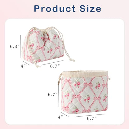 uekeboag Cotton Quilted Drawstring Makeup Bag with Canvas Lining,Coquette Aesthetic Cute Travel Toiletry Bag,Drawstring Gift Bag for Women and Girls（03Pink Bows） - color: 03Pink Bows