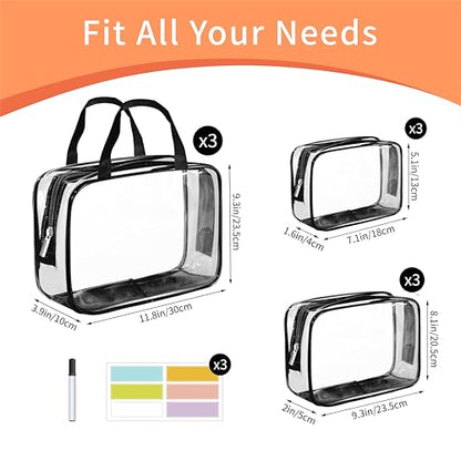 9-Piece Clear Storage Bags Set with Zipper – Large, Medium & Small Sizes – Waterproof Makeup, Toiletry, Toy Organizer Bags – Includes Label Stickers & Marker – Perfect for Travel & Kids Storage