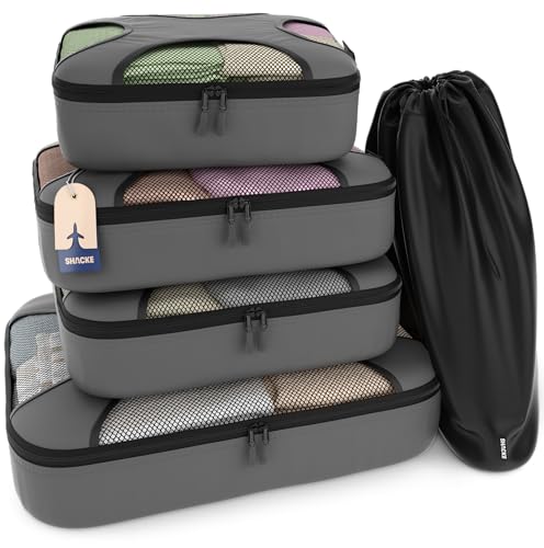 Shacke 5 Set Packing Cubes for Travel – Luggage Organizer & Suitcase Bags with Laundry Bag, Carry On Packing Organizer, Travel Accessories for Women Men (Dark Grey) - color: 5 Set - Dark Grey, size: Set of 5