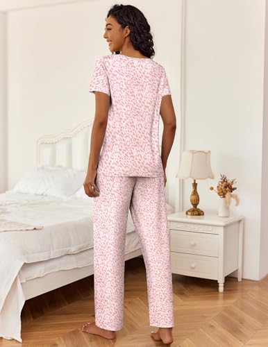 Ekouaer 2 Piece Womens Pajamas Short Sleeve Top and Long Pants Pjs Set Printed Sleepwear with Pocket - color: A Rose Pink Leopard, size: X-Large