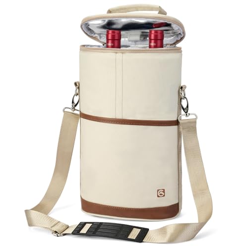 ALLCAMP 2 Bottle Wine Tote Carrier - Insulated Portable Padded Canvas Wine Bag for Travel, BYOB Restaurant, Wine Tasting, Party, Great Christmas Day Gift for Wine Lover，Cream-colored - color: Ivory, size: 2 Bottle