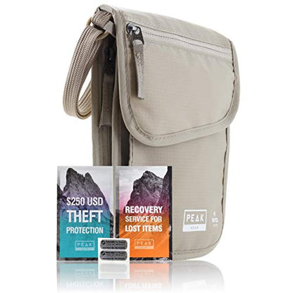 Peak Gear RFID Neck Wallet - The Original Travel Pouch with Adjustable Crossbody Strap + Theft Protection and Lost & Found Service | Beige - color: Beige (Neck Wallet)