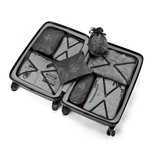 Packing Cubes 8 Sets/7 Colors Travel Luggage Organizers Include Waterproof Shoe Storage Bag Convenient Packing Pouches for Traveller (Black)