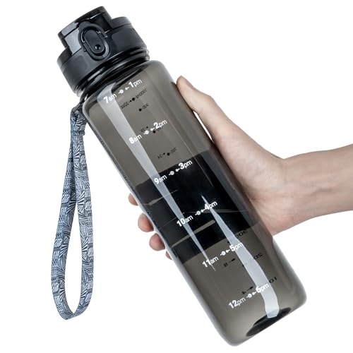 OLDLEY 32 oz Water Bottle, Motivational Water Bottle with Time Marker, Sports Water Bottle With Strap, Leakproof & BPA Free Large Water Bottles for School, Gym, Travel,Tritan, Transparent Black - color: B-Transparent Black, size: 32 Ounces