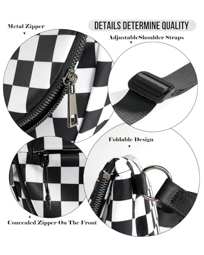 Crescent Bag for Women and Men, Fashion Medium Nylon Folding Crescent Moon Bag Single Shoulder Bag with Adjustable Strap - color: Crossbody bag- Black White Checkered