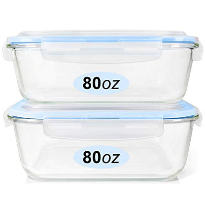 Glass Food Storage Containers Set, Large Size Containers with Lids, BPA-free Locking lids, 100% Leak Proof Glass Meal Prep Containers, Freezer to Oven Safe (2 Pack of 80oz) - color: 2 Pack of 80oz