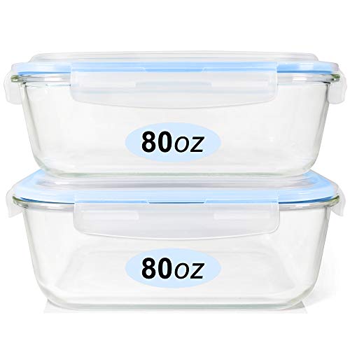 Glass Food Storage Containers Set, Large Size Containers with Lids, BPA-free Locking lids, 100% Leak Proof Glass Meal Prep Containers, Freezer to Oven Safe (2 Pack of 80oz) - color: 2 Pack of 80oz