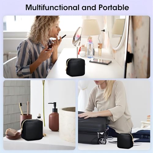 Wandering Nature Small Makeup Bag for Purse Mini Make up Pouch Cute Cosmetic Pouch for Women with Slip-in Pockets Eco Vegan Leather, Black - color: Black
