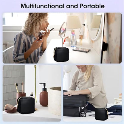Wandering Nature Small Makeup Bag for Purse Mini Make up Pouch Cute Cosmetic Pouch for Women with Slip-in Pockets Eco Vegan Leather, Black - color: Black