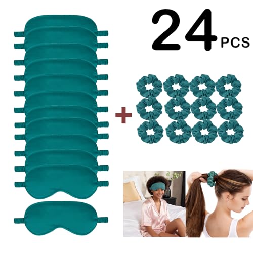 24Pcs Satin Eye Mask Silk Sleep Masks Silky Eyes Cover Blackout Blindfold Eyeshade Scrunchies Hair Ties Travel Wedding Gift - color: Turquoise