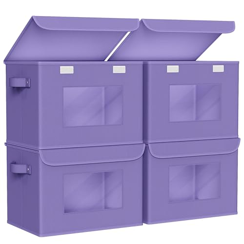 Univivi Storage Bins with Lids [4-Pack] Fabric Lidded Storage Baskets Stackable Closet Storage Bins, Closet Organizers and Storage with Lid & Clear Window for Home, Office, Bedroom (Purple) - color: Purple, size: 17''-4 Pack