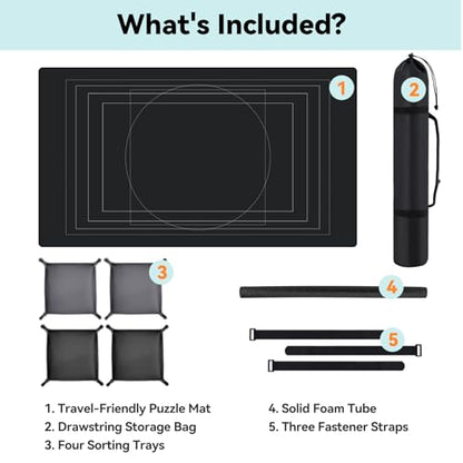 Puzzle Mat Roll Up with Drawstring Storage Bag, Portable Saver Pad 46” x 26” Up to 1500 Pieces with Non-Slip Rubber Bottom & Smooth Top + 4 Puzzle Sorting Trays & Travel-Friendly Storage Bag
