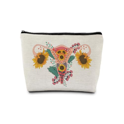 OBGYN Doctor Nurse Midwife Gynecology Gifts Makeup Cosmetic Bag for Women, Feminist Female Empowerment Gifts, Inspirational Floral Uterus Portable Travel Toiletry Bag Zipper Makeup Pouch - color: Flower nine