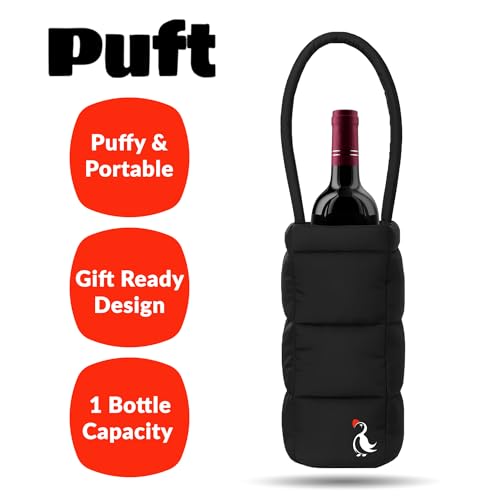 PUFT Puffer Wine Tote Bag – Insulated Wine Bottle Carrier for Bottles – Trendy Quilted Wine Bag - color: 1 Bottles Black