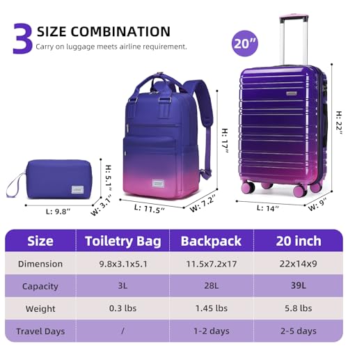 LARVENDER Carry on Luggage 22x14x9 Airline Approved Hardshell Suitcase with Wheels TSA Lock, PC+ABS Lightweight Suitcase Set for Women with Travel Backpack, Midnight Berry, 3 Piece Set - color: Midnight Berry-20BP, size: 3 Piece Set (Backpack/TB/20)