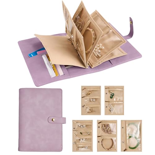 Travel Jewelry Binder Organizer Storage Book - Jewelry Boxes PU Leather Organizer Case with Zipper Velvet Pouches for Women Gifts - Pale Lilac - color: Flatpattern_pale Lilac