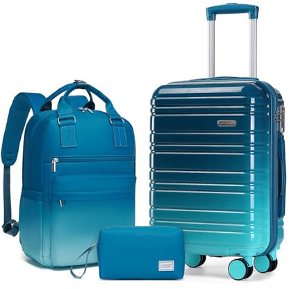 LARVENDER Carry on Luggage 22x14x9 Airline Approved Hardshell Suitcase with Wheels TSA Lock, PC+ABS Lightweight Suitcase Set for Women with Travel Backpack, Ocean Breeze, 3 Piece Set - color: Ocean Breeze-20BP, size: 3 Piece Set (Backpack/TB/20)