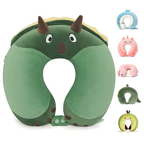 Niuniu Daddy Triceratops Travel Neck Pillow for Teens & Adults, 360 Degree Head and Chin Support, Memory Foam Sleeping Neckpillow for Long Flight Airplane and Car Rides, Removable Cover, Washable - color: Triceratops, size: Standard (Teens&Adults)