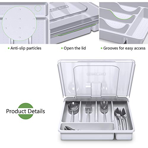 Utensil Holder for Countertop with Lid, Plastic Silverware Tray for Drawer, 5 Compartments Flatware Organizer, White - color: White