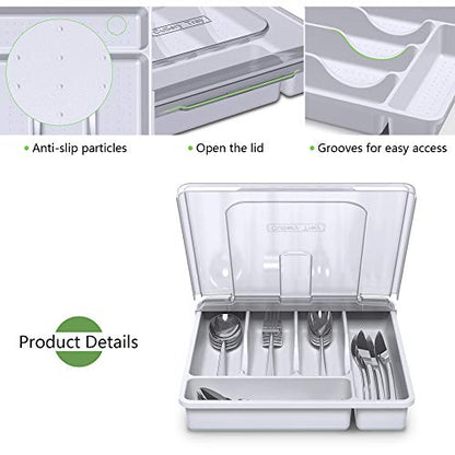Utensil Holder for Countertop with Lid, Plastic Silverware Tray for Drawer, 5 Compartments Flatware Organizer, White - color: White