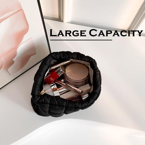 Puffy Quilted Makeup Bag for Women, Cosmetic Bag, Travel Toiletry Organizer Pouch Clutch (black) - color: black