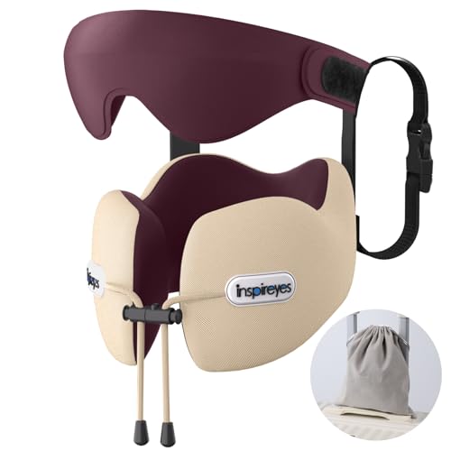 Inspireyes Neck Pillow, Travel Pillow with Seat Strap, 3D Sleep Mask, Dual Support Neck Head, High Supportive Foam Airplane Pillow for Long Flight Road Trip, Stop Bobblehead Travel Essential, Beige - color: Beige