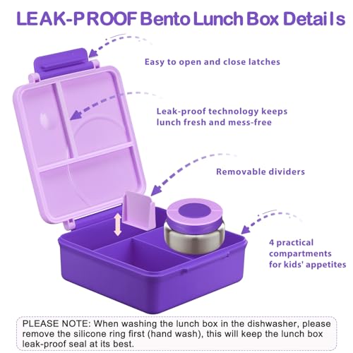 Bento Lunch Box Set for Kids with 8oz Soup Thermo, Leak-Proof Lunch Containers with 4 Compartment, Kids Thermo Hot Food Jar and Insulated Lunch Bag for Kid to School-Purple - color: Purple