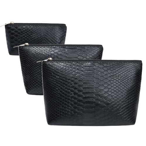 3 Pcs Makeup Bag Set for Women Black Soft Leather Travel Cosmetic Bag Make Up Pouch Small Travel Zipper Pouch,Water-resistant Makeup Organizer Bag for Women（Black） - color: Black