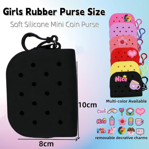 Soft Silicone Mini Coin Purse with Zipper and Cartoon Hole,with 15 pcs DIY Charms. Portable Keychain Pouch Organizer (Black) - color: Black