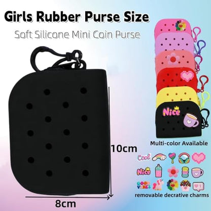Soft Silicone Mini Coin Purse with Zipper and Cartoon Hole,with 15 pcs DIY Charms. Portable Keychain Pouch Organizer (Black) - color: Black