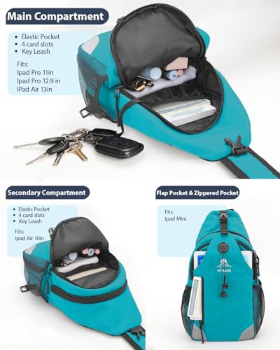 Sling Backpack for Women & Men, Crossbody Travel Bag with Water Bottle Holders, 17 Pockets, Quick-Access Phone Pocket, Hidden Security Pocket, Fits 11" Tablet, for Daily Carry, Travel, Theme Parks - color: D-teal