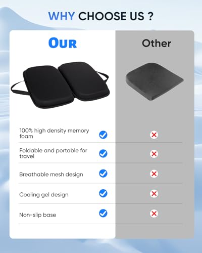 Gel Memory Foam Cushion for Office Chairs and Car Travel | Cooling Gel Layer, Foldable Portable, Non-Slip Bottom, For Office Chair, Car Seat, Travel