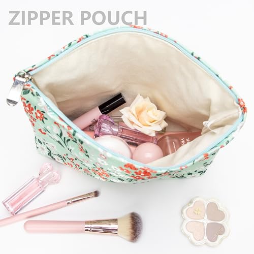 PAZIMIIK Makeup Bag Large Cotton Zipper Pouch for Purse Travel Canvas Make Up Organizer for Women Cosmetic,Brocade Green - color: Brocade Green
