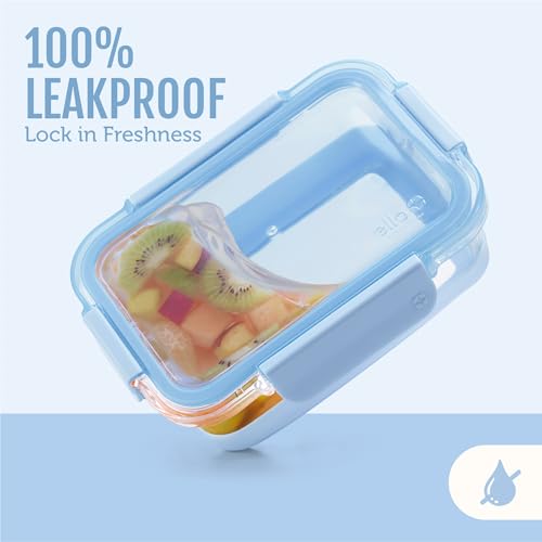 Ello Duraglass 3.4 Cup Meal Prep Sets 10Pc, 5 Pack Set- Glass Food Storage Container with Silicone Boot and Airtight BPA-Free Plastic Lids, Dishwasher, Microwave, and Freezer Safe, Halogen Blue - color: Halogen Blue with Boot