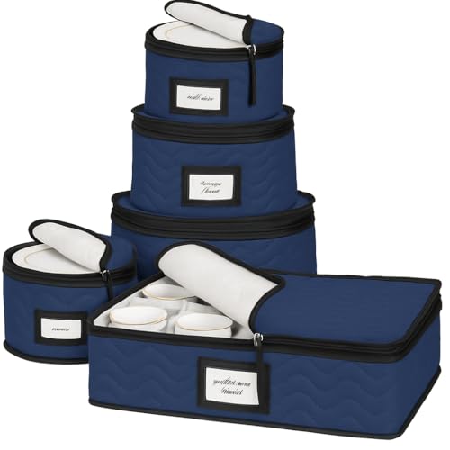 China Storage Containers 5-Piece Set Moving Boxes for Dinnerware, Glasses, Plates, Mugs and Saucers Sturdy Quilted Microfiber Dish Organizer with Dividers for Seasonal Storage - Holds Set of 12, blue - color: Blue