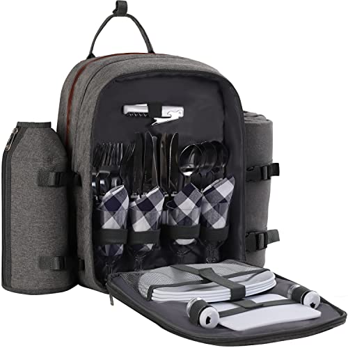 ALLCAMP OUTDOOR GEAR Picnic Backpack for 4 Person W/ Detachable Wine Holder, Insulated Food Compartment and Picnic Cutlery for Family Outdoor Camping and Gift (Grey) - color: Gray, size: 4 person