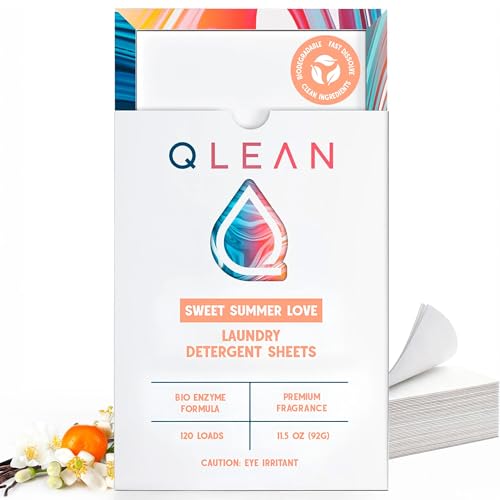 QLEAN Laundry Detergent Sheets – Travel-Friendly, HE & Standard Washer Safe, Liquidless Laundry Soaps, Quick-Dissolving Formula, Skin-Friendly (120 Loads, Sweet Summer Love)