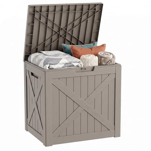 32 Gallon Deck Box, Waterproof Outdoor Storage Boxes For Garden Tools,Indoor Cushions,Accessories Outside Storage Resin Lockable Weatherproof Container(Grey) - color: Grey, size: 32 Gallon