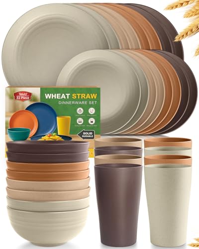 Teivio 32-Piece Kitchen Plastic Wheat Straw Dinnerware Set, Service for 8, Dinner Plates, Dessert Plate, Cereal Bowls, Cups, Unbreakable Colorful Plastic Outdoor Camping Dishes, Desert - color: Desert