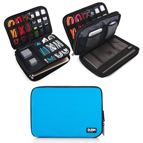 BUBM Double Layer Electronic Accessories Organizer, Travel Gear Bag for Cables, USB Flash Drive, Plug and More, Perfect Size Fits for iPad Mini (Medium, Blue) - color: Blue, size: Medium,2-layer