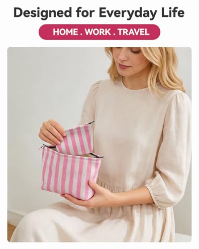 2 Pcs Makeup Bag Set, Women Gifts, Travel Cosmetic Bags, Canvas Make up Bag for Purse, Pink Striped Makeup Pouch with Zipper Lining, Cosmetic Storage Car Organizer, Portable Large & Small Toiletry - style: Striped Pink Canvas