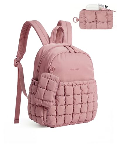 BAGSMART Mini Backpacks for Women, Puffy Checkered Quilted Small Backpack with Pouch, Lightweight Daypack Purse, Water-Resistant Bookbag for Daily Travel College, 2-in-1 Set, Dark Pink - color: Dark Pink