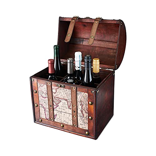 Twine Old World 6 Wooden Wine Bottle Gift Box - Wine Decorative Storage Box with Lid and Handle, Wine Accessory Sets, Wood, Faux Leather in Antique Map Design Liquor Gift Box - size: 6 Bottles