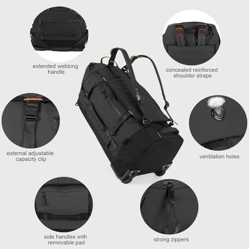 86L Collapsible Wheeled Luggage With Removable Backpack Straps,Waterproof Rolling Duffle Bag with Quilted Base (Black)