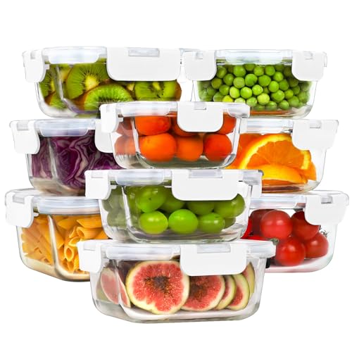 HOMBERKING Glass Food Storage Containers with Lids, [18 Piece] Meal Prep Containers, Airtight Lunch Bento Boxes (9 lids & 9 Containers) - White - color: White