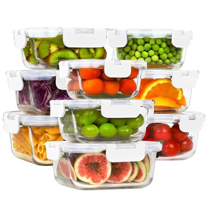 HOMBERKING Glass Food Storage Containers with Lids, [18 Piece] Meal Prep Containers, Airtight Lunch Bento Boxes (9 lids & 9 Containers) - White - color: White