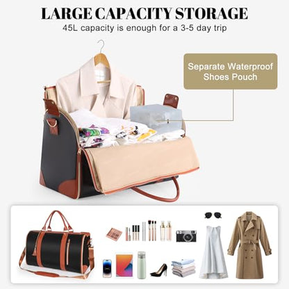 Geestock Garment Duffle Bags for Travel, Convertible Carry On Garment Bag with Shoe Pouch & Shoulder Strap, 2 in 1 Foldable PU Leather Suit Travel Bag for Women & Men, Black - color: Black and Brown