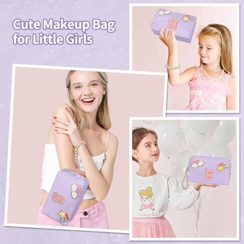 Initial Makeup Bag for Girls, Cute Makeup Bag Small Cosmetic Bag Travel Make Up Organizer Pouch, Birthday Gifts for Girls 4 5 6 7 8 9 10 11 12 13 14 15 Years Old, Teen Girls Gifts Trendy Stuff - color: Purple + Bracelet, style: B